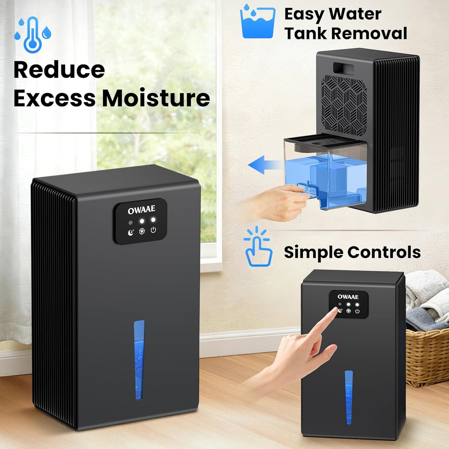 Dehumidifier, 1000 sq.ft Quiet Dehumidifiers for Home Bedroom Basement Bathroom with 95oz Water Tank, Sleep Mode, Auto Shut-Off 7 Colors LED Light, Black