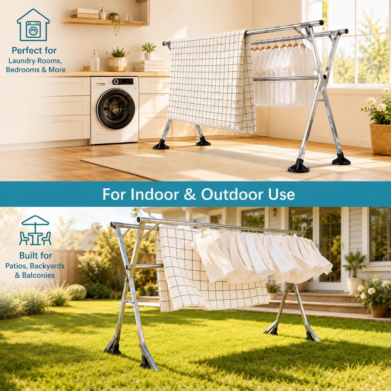 95 Inch Windproof Clothes Drying Rack, Heavy Duty Stainless Steel Folding Laundry Drying Rack for Indoor Outdoor Use, Collapsible Clothes Rack with 20 Hooks & 12 Clips