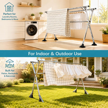 95 Inch Windproof Clothes Drying Rack, Heavy Duty Stainless Steel Folding Laundry Drying Rack for Indoor Outdoor Use, Collapsible Clothes Rack with 20 Hooks & 12 Clips