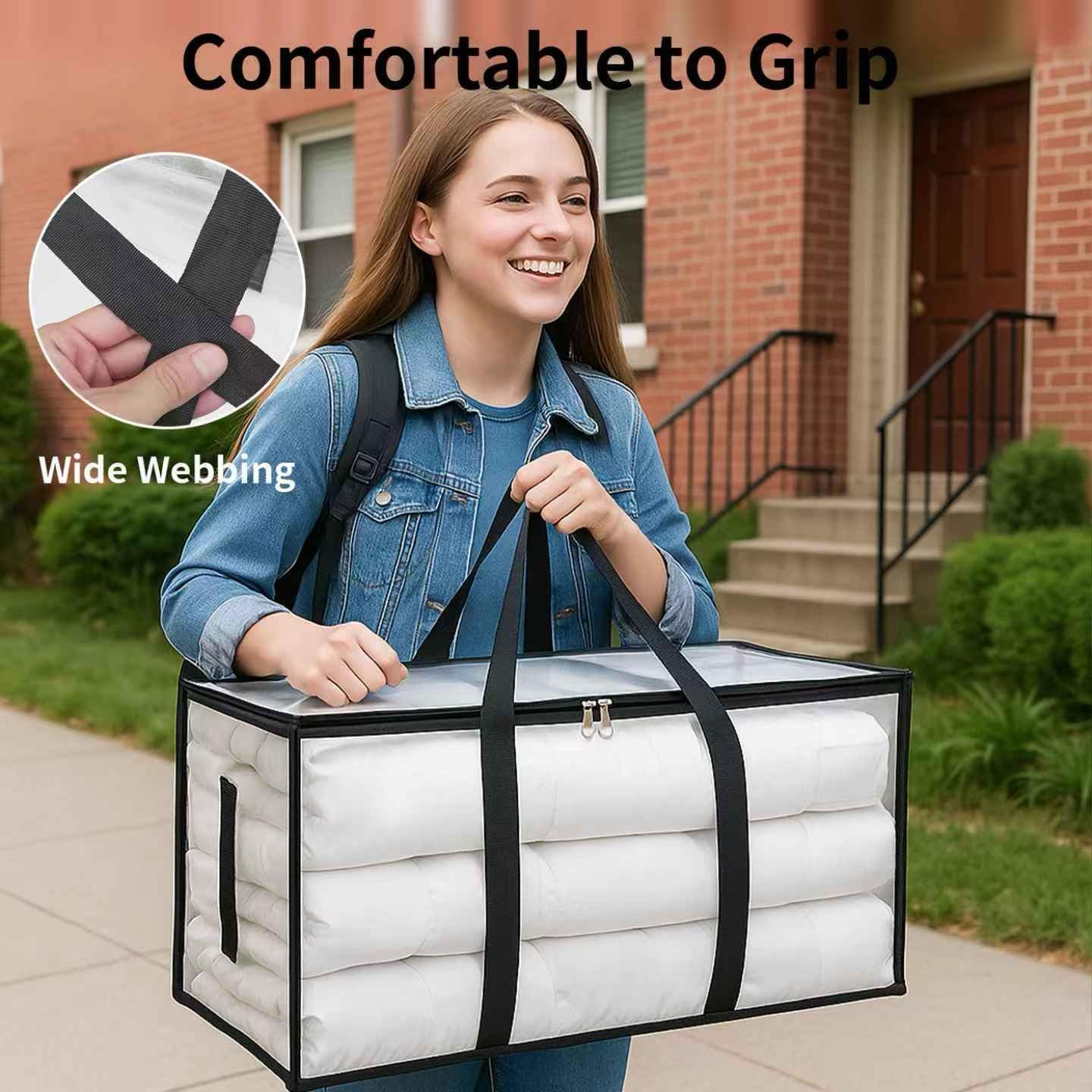 8 Pack-Extra Large Heavy Duty Moving Bags - Waterproof Storage Totes with Handles & Zippers, Foldable for College Dorm, Storage (Clear)