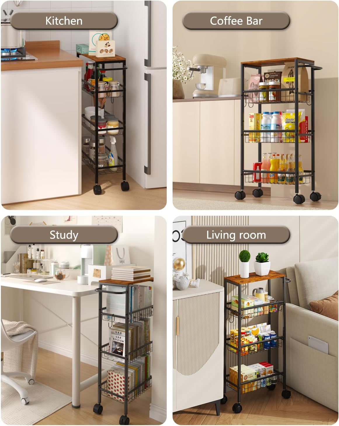 Rolling Utility Cart, 4-Tier Slim Narrow Storage Cart with Wheels for Kitchen, Laundry Room Organization, Metal Bathroom Organizer with Wood Top, Brown, 17.3" x 7.9" x 32.6"