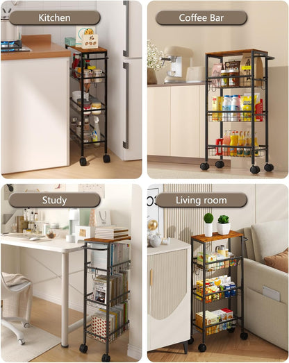 Rolling Utility Cart, 4-Tier Slim Narrow Storage Cart with Wheels for Kitchen, Laundry Room Organization, Metal Bathroom Organizer with Wood Top, Brown, 17.3" x 7.9" x 32.6"