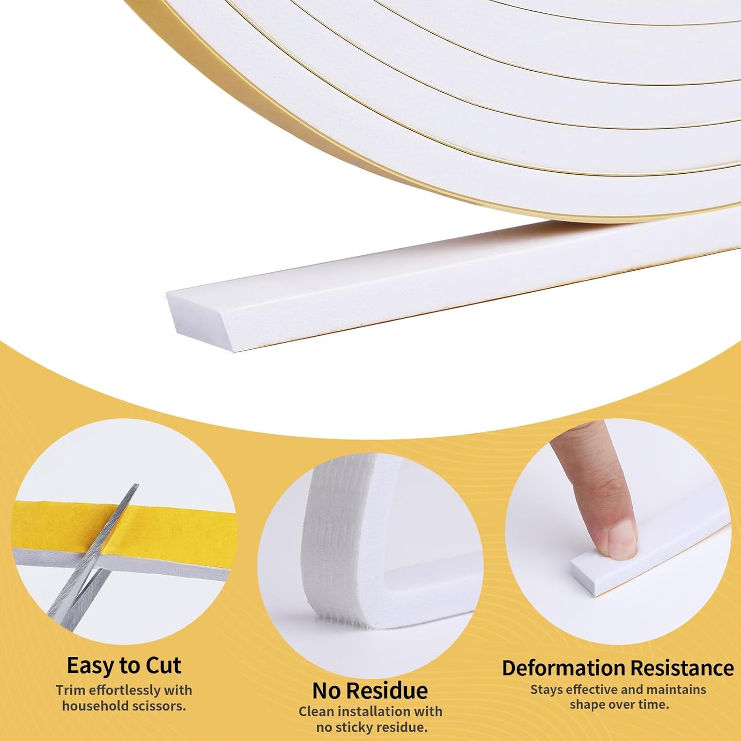 26Ft Weather Stripping Door Seal - 1/2" x 1/4" Door Seal Strip for Door Frame, High Density Foam Insulation Tape, Self Adhesive, Soundproof Gap Filler for Doors, Windows, Sliding & AC Units, White