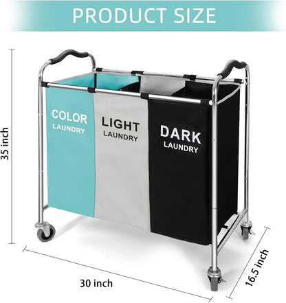 Laundry Basket with Wheels, 240l Laundry Hamper with 3 Section Laundry Bag for Dirty Clothes, Dorm Room Essentials, Towel Organization & Toys Storage Laundry Cart in Laundry Room Organization