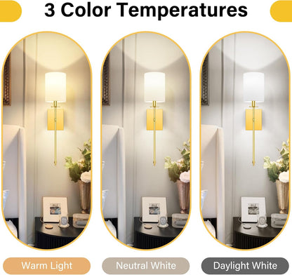 24.8 Inch Black Battery Operated Wall Sconces Set of 2, Rechargeable Wireless Wall Lights with Remote & White Fabric Shade, Indoor Not Hardwired Dimmable Wall Lamps for Bedroom, 2 Bulbs Included