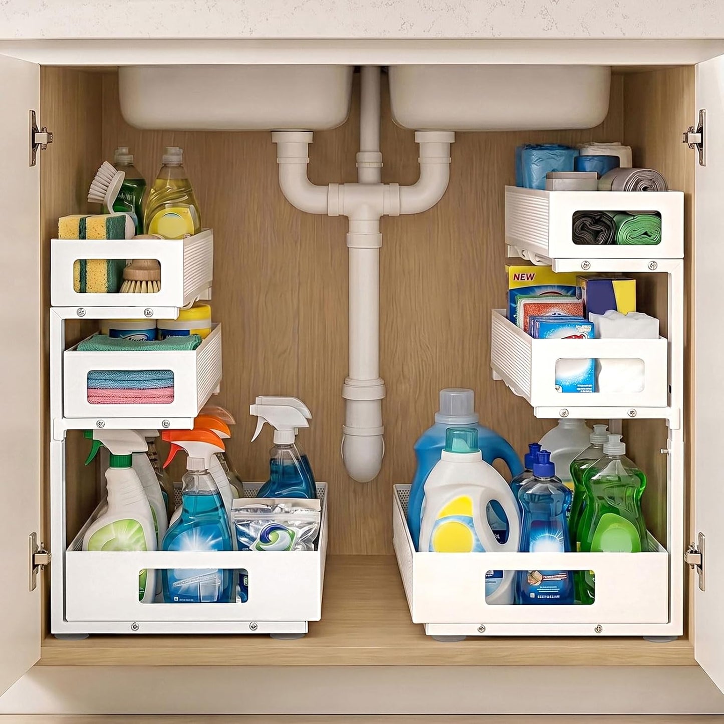 3 Tier Under Sink Organizer,2 Pack Pull Out Cabinet Shelves with Adjustable Height,Heavy Duty Carbon Steel L-Shaped Storage for Kitchen Bathroom Sink,Pantry & Laundry,White