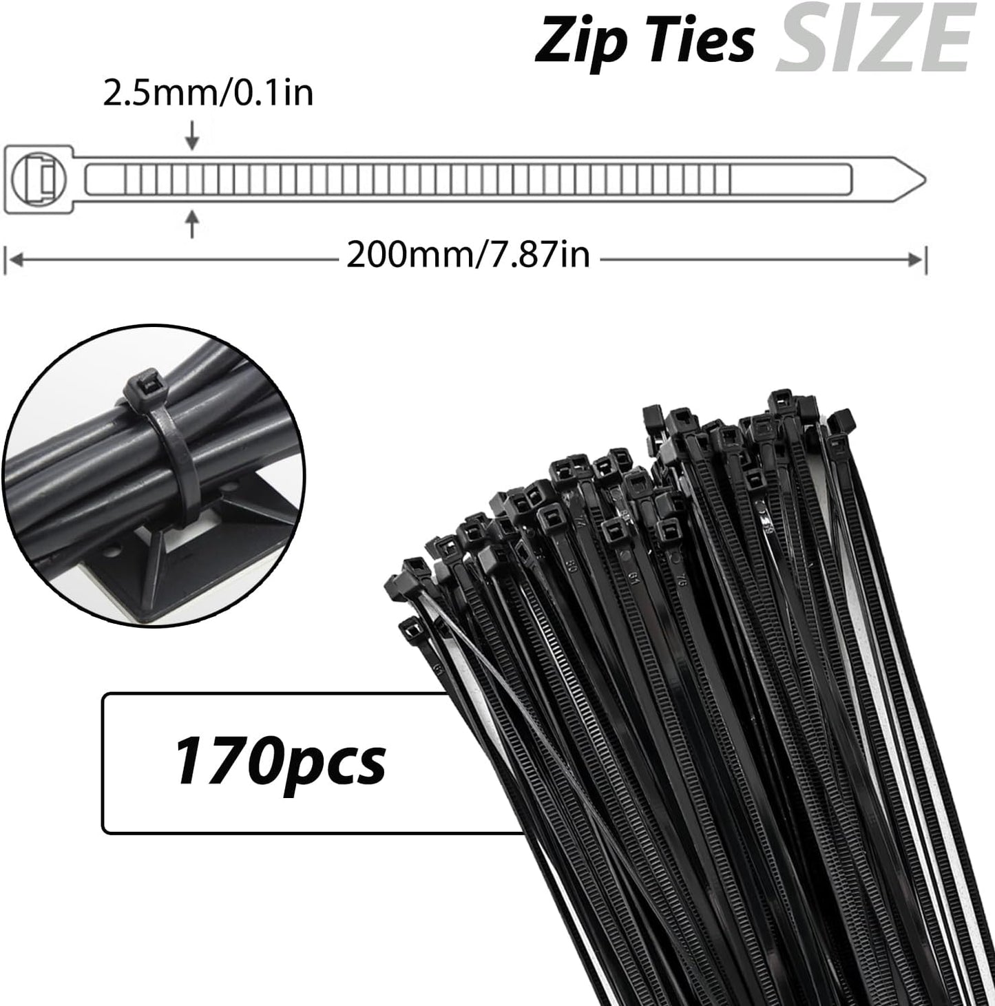 340 Pcs Self Adhesive Cable Zip Tie Mounts Set | 170 Pcs Cable Tie Mounting Base,3/4" | 170 Pcs Zip Ties,8" | White,Cable Clip,Wire Management Clips,Wall Ties Fixing Mount,Wire Holders for Cables