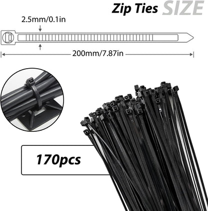 340 Pcs Self Adhesive Cable Zip Tie Mounts Set | 170 Pcs Cable Tie Mounting Base,3/4" | 170 Pcs Zip Ties,8" | White,Cable Clip,Wire Management Clips,Wall Ties Fixing Mount,Wire Holders for Cables