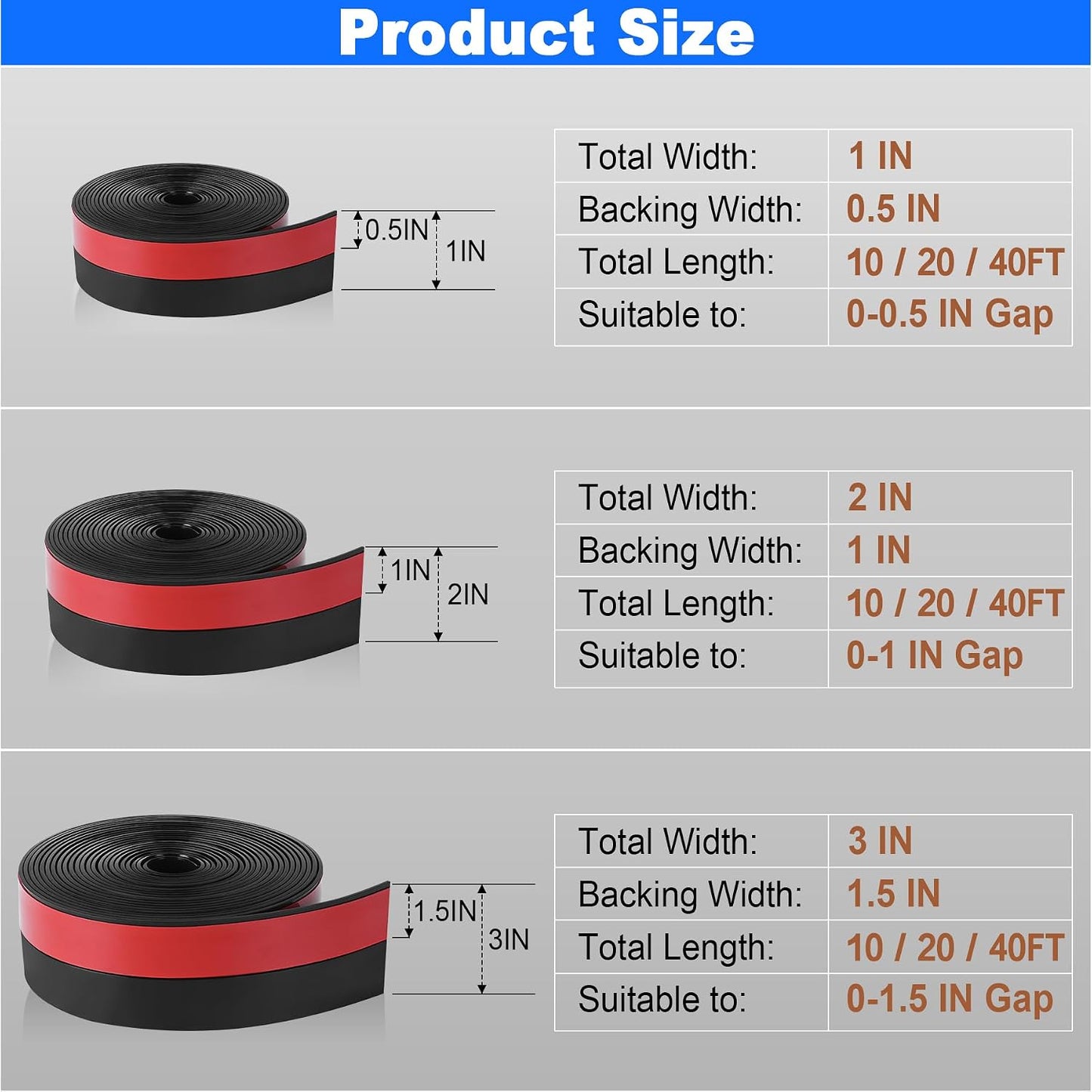 ToLanbbt Weather Stripping Silicone Door Seal Strip 2 in x 20 ft Door Draft Stopper Self Adhesive Door Draft Tape, Side & Bottom Gaps Insulation Strip for Glass Shower Door Sliding Door Window, Black
