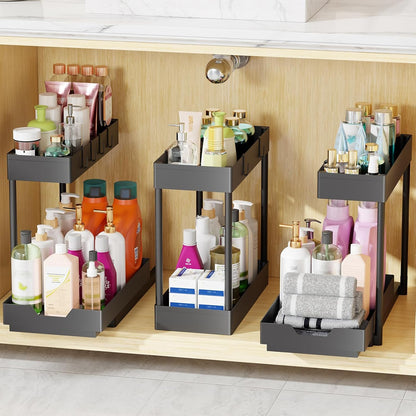 Simple Trending Under Sink Organizer 2 Pack, 2 Tier Cabinet Organizer with Sliding Basket, Multi-Purpose Sink Storage Basket with 4 Hooks for Kitchen Bathroom, Black