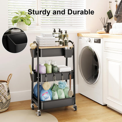 3 Tier Rolling Cart with Wheels, White Plastic Three Tiered Roller Shelf Cart on Lockable Wheels, Small Utility Storage Organzier Carts for Craft, Art, Baby Diaper Caddy, Snack, Dorm, Kitchen,Bathroom