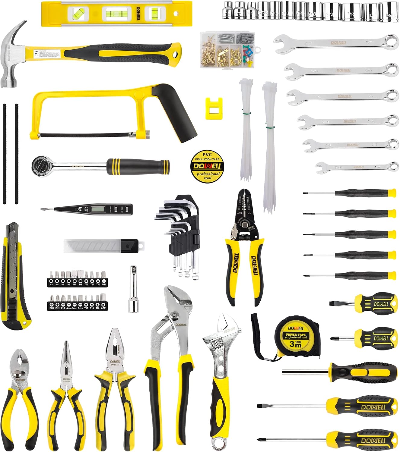 DOWELL 146PCS Homeowner Tool Set, Household Repairing Tool Kit with 14-Inch Wide Mouth Open Storage Tool Bag