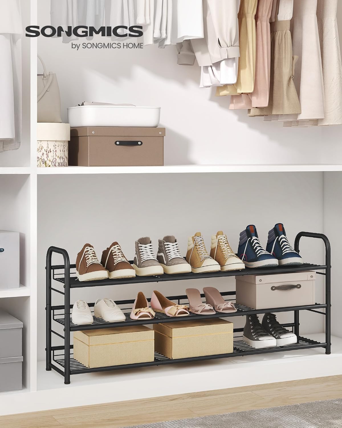 SONGMICS Stackable Shoe Rack, 4 Tier Metal Shoes Rack Storage Shelf, Holds up to 16 Pairs Shoes, Adjustable Slanted Shelves Shoe Tower Organizer for Closet Entryway Small Spaces, Black