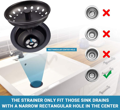 KONE 2PCS Kitchen Sink Basket Strainer Replacement for 3-1/2 Inch Standard Drains Brushed Stainless Steel Body Metal Center Knob with Rubber Stopper