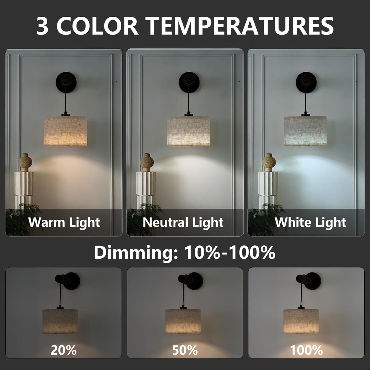 XSDeTu Rechargeable Battery Operated Wall Sconces Set of 2, Modern Battery Powered Wall Light with Wooden Arm & Remote Control, Adjustable 3 Colors Dimmable Wall Lamps for Bedroom, Living Room