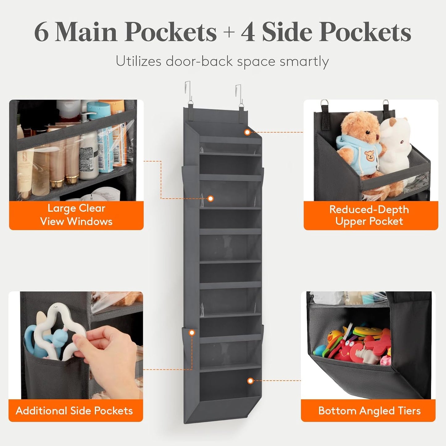 Lifewit 1 Pack Over the Door Organizer, 5 Section Clear Window Hanging Storage with 4 Side Pockets, Sturdy Anti Tilt 40 lbs Load Behind Door for Closet, Bedroom, Bathroom, Nursery, Dorm, Dark Gray