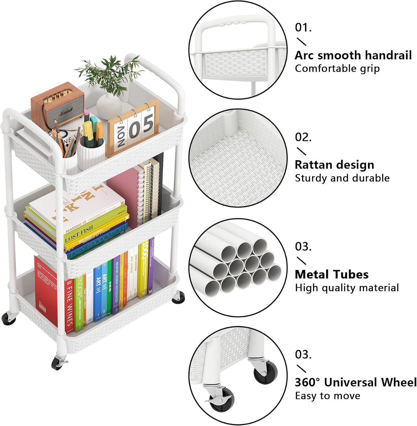 MOYIPIN 3-Tier Plastic Rolling Utility Cart with Handle,Utility Storage Cart for Office, Living Room, Kitchen,Movable Storage Organizer Shelves,White