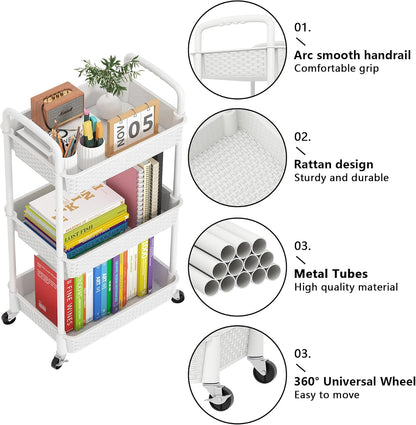 MOYIPIN 3-Tier Plastic Rolling Utility Cart with Handle,Utility Storage Cart for Office, Living Room, Kitchen,Movable Storage Organizer Shelves,White