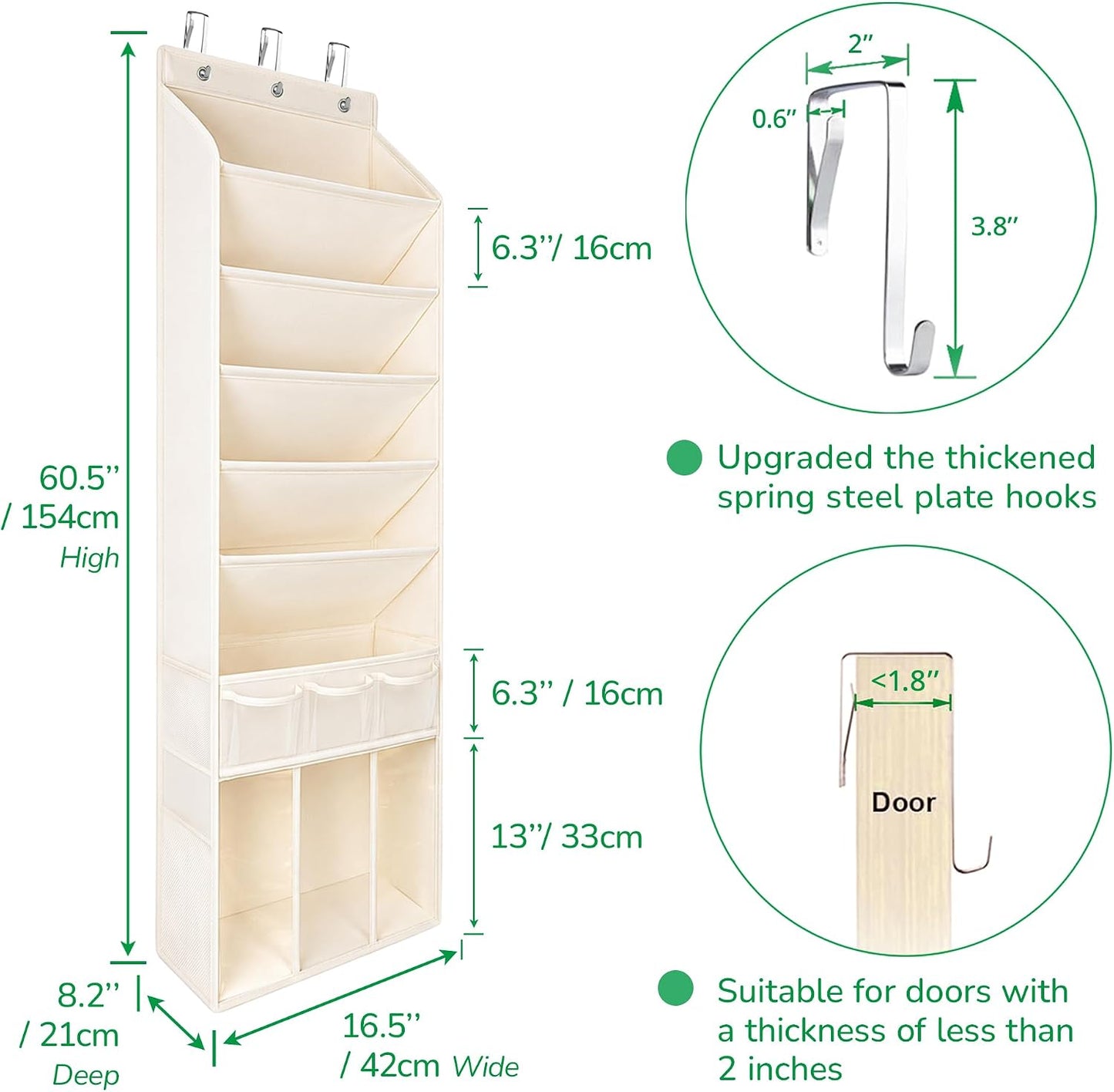 3in1 Over The Door Shoe Organizer with 5 Slanted Compartments,Removable Storage Bin & Transparent Pockets,Thickened Waterproof Oxford Fabric Shoes Rack for Shoes,Boots,Toys,Daily Essentials. (Beige)