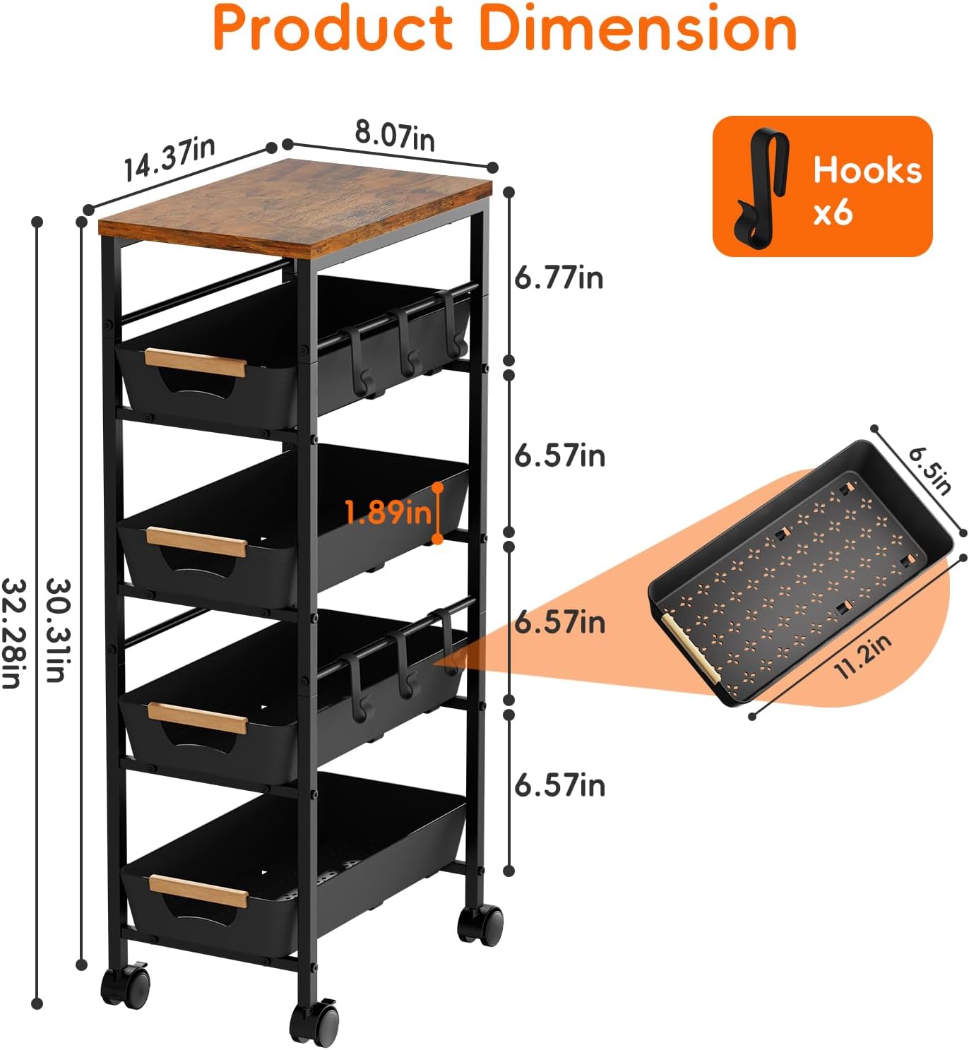 5-Tier Slim Storage Cart, Wooden Top Rolling Kitchen Cart with Pull-Out Baskets & Wheels, Narrow Space Utility Cart Slide Out Organizer for Kitchen, Bathroom, Laundry Room, White
