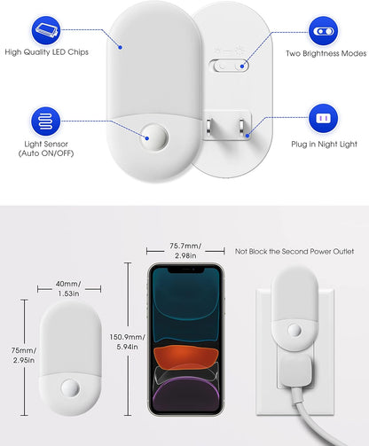 L LOHAS LED Night Lights Plug into Wall, [2 Pack] LED Dimmable Night Light with Light Sensors, 30/60LM Adjustable Brightness Nightlights, Soft White 3000K Automatic Night Light for Kid, Hallway