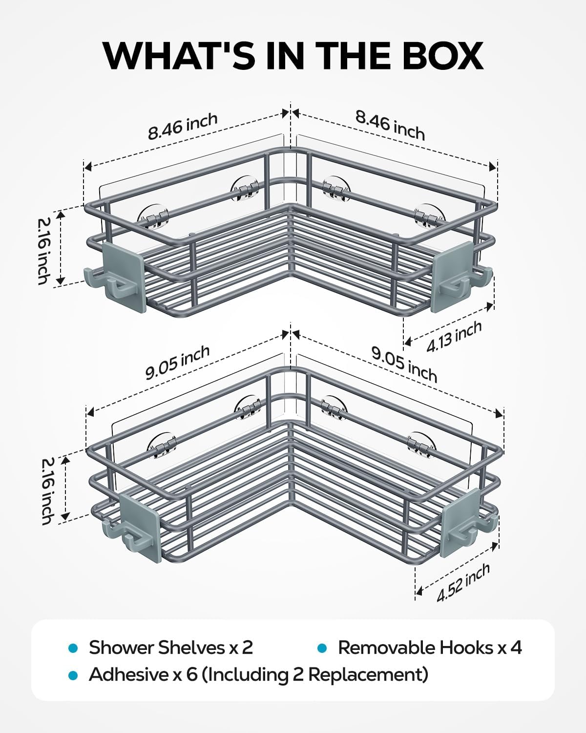 Nieifi Corner Shower Shelves Stainless Steel, Adhesive Shower Caddy Basket Rack with Hooks, Rust Proof for Bathroom Shelf Shampoo Holder (Silver, 2 Pack)