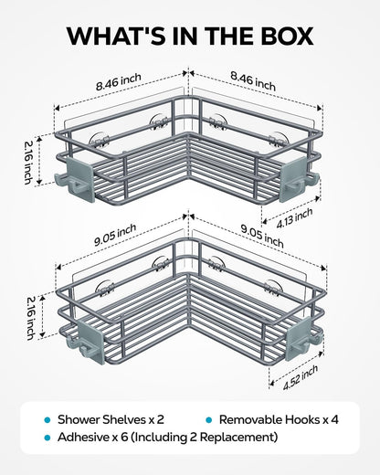Nieifi Corner Shower Shelves Stainless Steel, Adhesive Shower Caddy Basket Rack with Hooks, Rust Proof for Bathroom Shelf Shampoo Holder (Silver, 2 Pack)