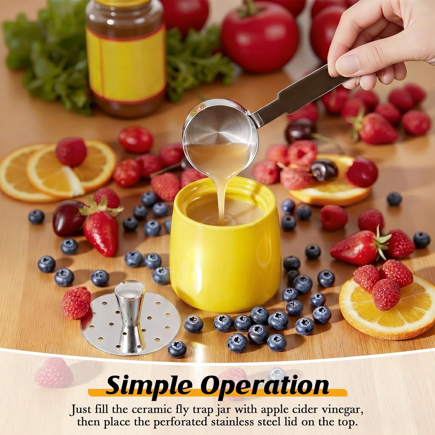 Ceramic Fruit Fly Trap for Indoors, Reusable Kitchen Fly Catcher with Stainless Steel Vent Lid, Uses Safe & Natural Vinegar Bait Trap, Dishwasher Safe, Easy to Use (White,1 Pack)