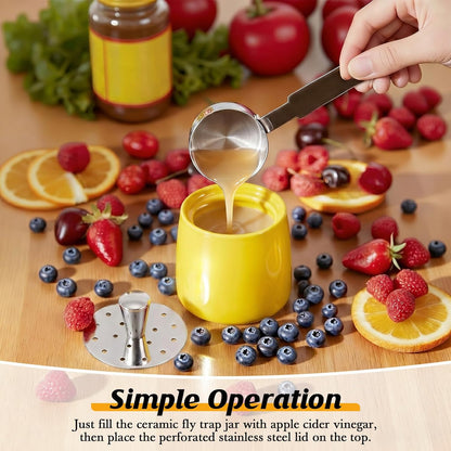 Ceramic Fruit Fly Trap for Indoors, Reusable Kitchen Fly Catcher with Stainless Steel Vent Lid, Uses Safe & Natural Vinegar Bait Trap, Dishwasher Safe, Easy to Use (White,1 Pack)