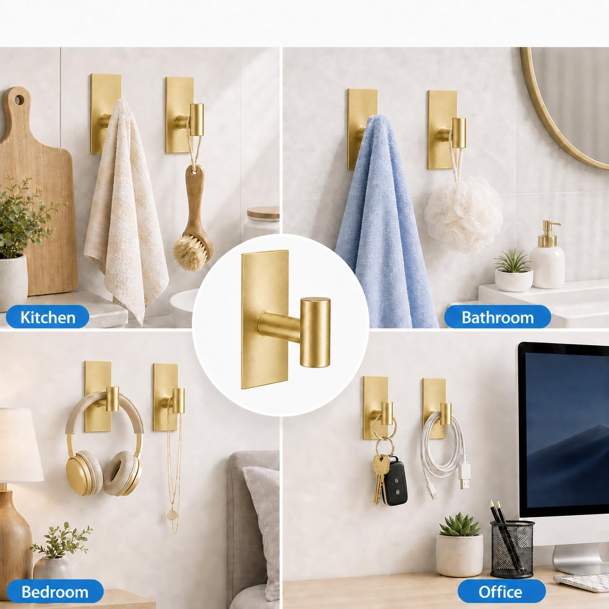 Removable Towel Hooks for Bathrooms, Heavy Duty Adhesive Hooks for Walls No Damage, Black Home Storage Hooks for Inside Shower, Sticky Hooks for Hanging Robe Coat Loofah Clothes Kitchen, 14Pcs Sus304