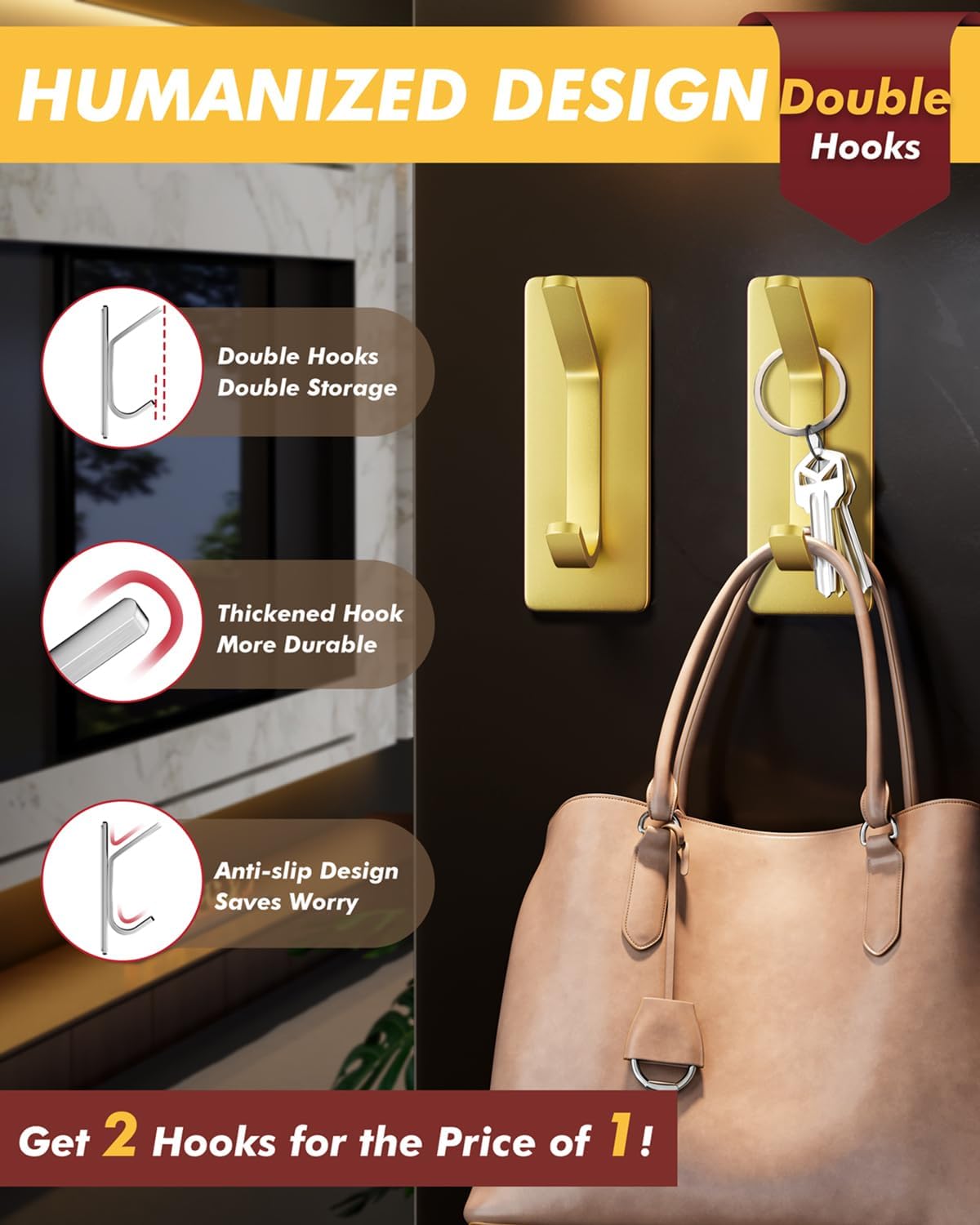 Auxmir Self Adhesive Hooks 15lbs Heavy Duty, 5 Pack Stainless Steel Wall Hooks for Coat Towel Robe, Waterproof Rustproof Oilproof, No Drill Door Hanger for Bathroom Shower Kitchen Office RV, Silver