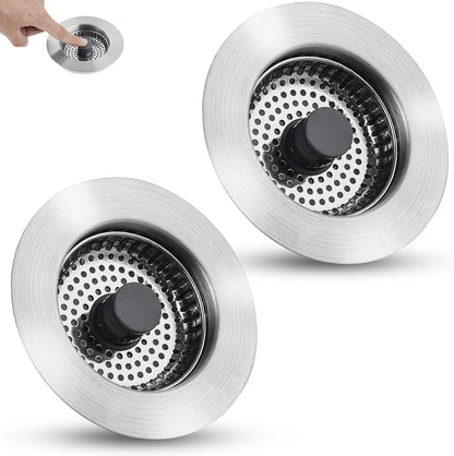 All Metal Sink Drain Strainer for Kitchen Sink, Universal Fit | Pop Up 3-in-1 Sink Stopper Drainer, 304 Stainless Steel Basket for US Standard 3-1/2 inch Drain Filter, Anti-clog
