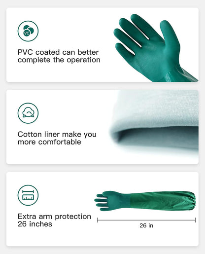 PACIFIC PPE 26" Rubber Chemical Resistant Gloves, PVC Reusable, Heavy Duty Waterproof With Cotton Liner, Anti-skid, Acid-alkali and Oil Resistant, Large