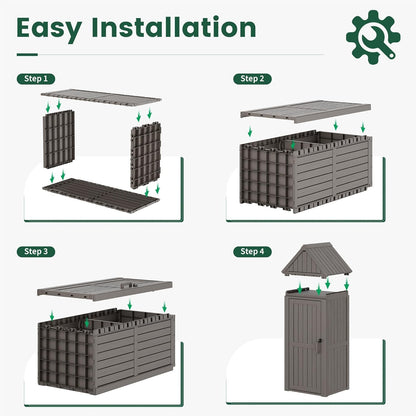Bifanuo Deck Box Storage Shed Outdoor Storage Cabinet, Vertical Waterproof Resin Material Plastic Shed with Removable Shelves, 12 Hooks and Lock Ring for Garden, Pool and Patio (Classic Black)