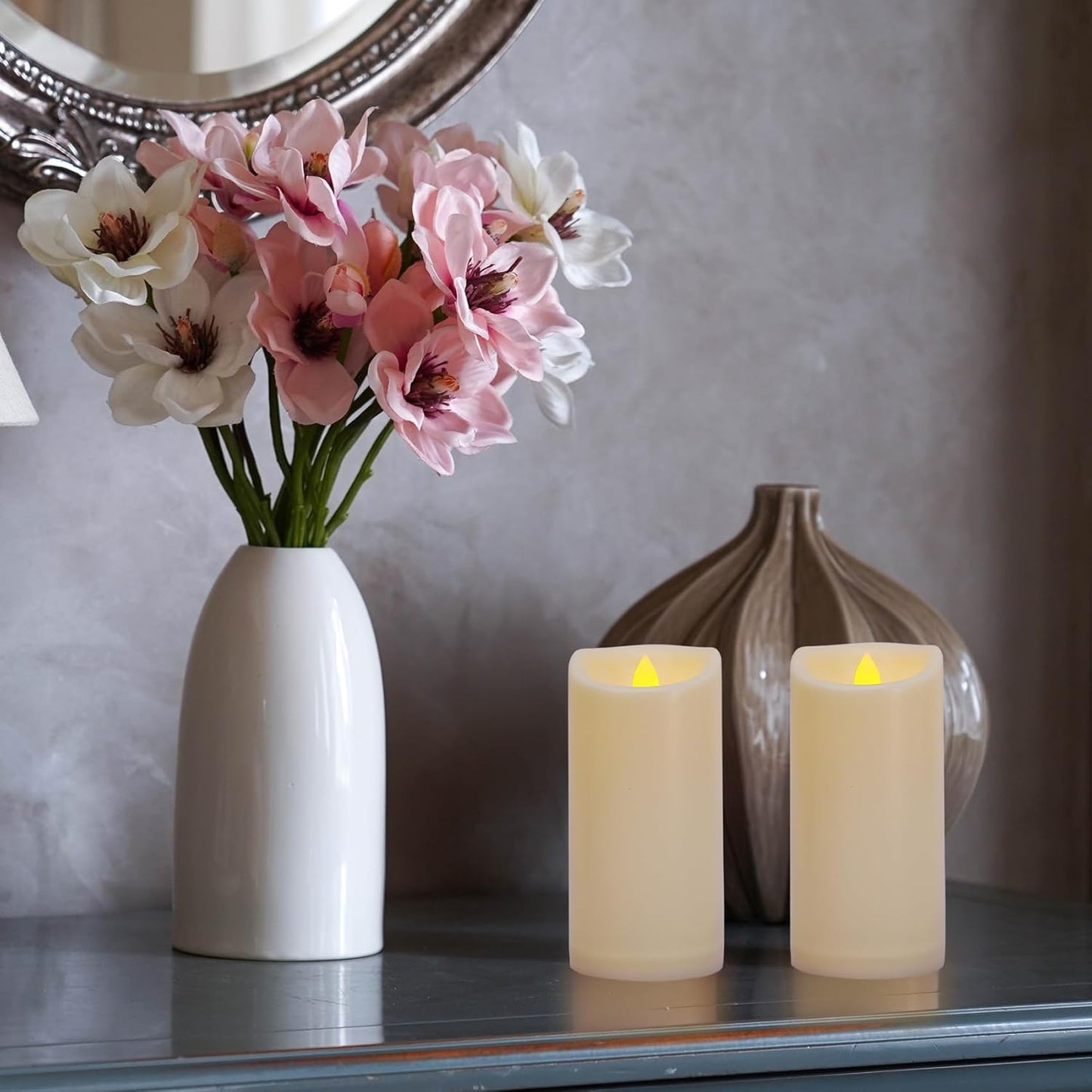 Flameless Flickering Candles with Remote and Timers, 1000 Hours Waterproof Outdoor Indoor Battery Operated LED Pillar Candles, Ivory Plastic, Set of 3(D 3" x H 4" 5" 6")