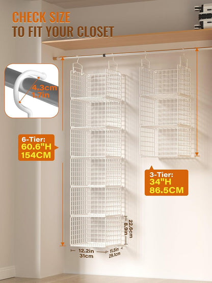 Hanging Closet Organizer, 4 Tier Metal Closet Organizers and Storage with 4 Hanging Hooks 4 S-Hooks for Wardrobe Laundry Room, Wire Storage Shelf for Clothes Sweaters Pants (White)