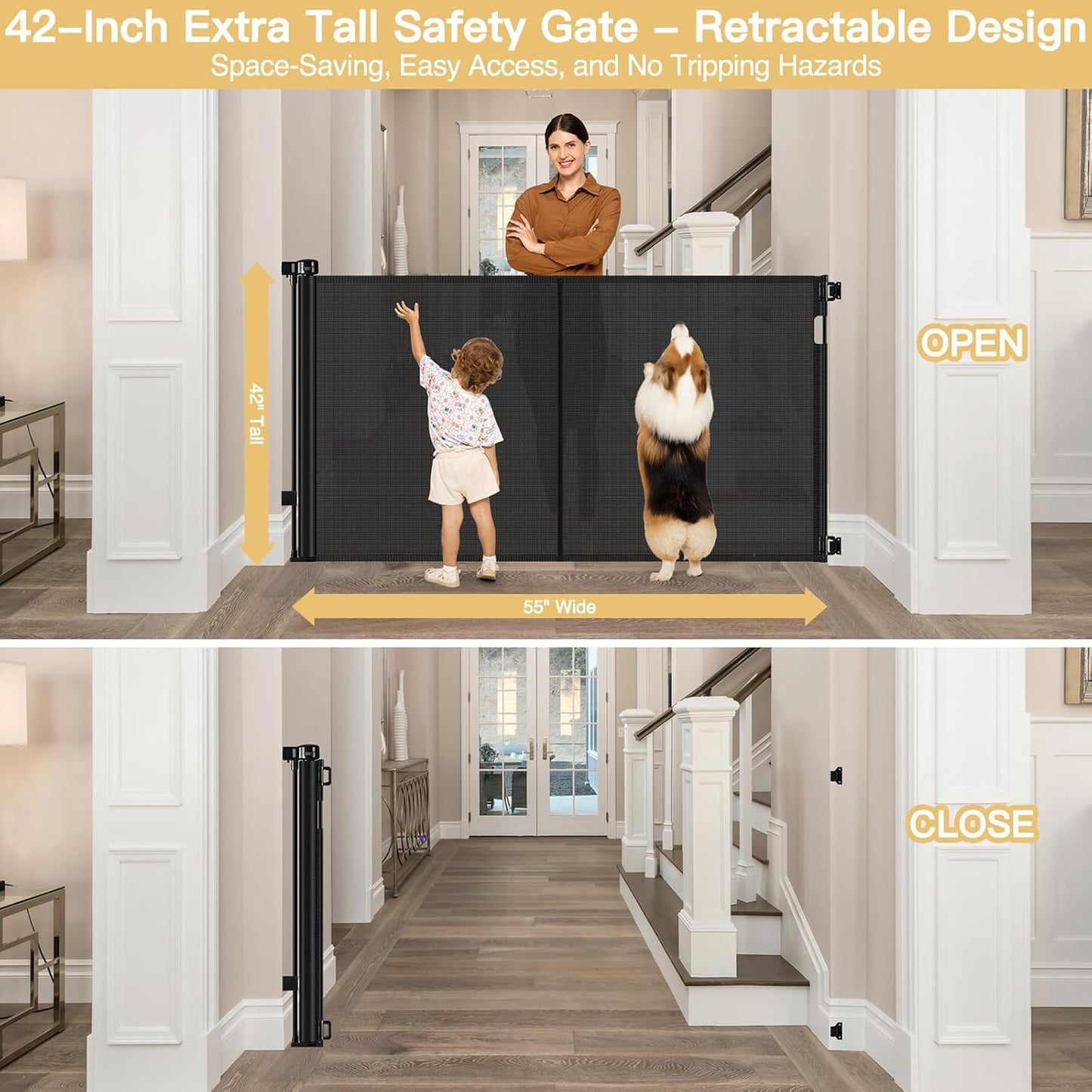 Newly Enhanced - 42" Tall × 120" Extra Wide Retractable Baby Gate Keeps Pets from Getting Under Tall Dog Gate, Indoor/Outdoor Baby Gates for Dogs, Retractable Dog Gate for Large Openings, White