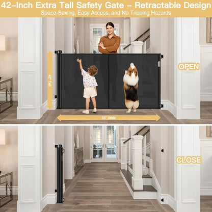 Newly Enhanced - 42" Tall × 120" Extra Wide Retractable Baby Gate Keeps Pets from Getting Under Tall Dog Gate, Indoor/Outdoor Baby Gates for Dogs, Retractable Dog Gate for Large Openings, White