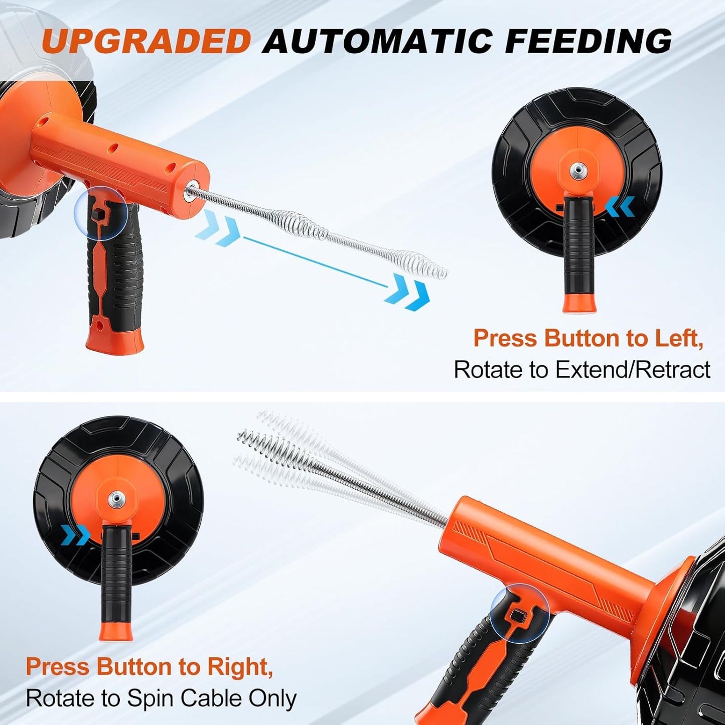 Auto-Feed Drain Snake Auger 25 ft with Drill Adapter, Plumbing Snake Drain Hair Removal Tool, Drain Auger Snake Hair Drain Clog Remover for Shower Kitchen Bathroom Sink, Come with Gloves