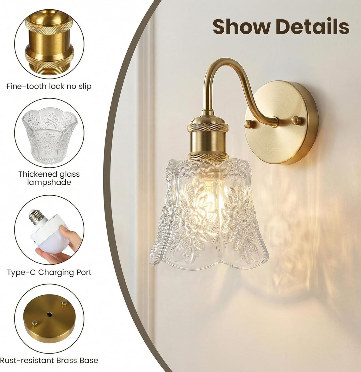 YUNICE Rechargeable Wall Sconces Set of 2 Battery Operated Wall Sconce with Remote Control Dimmable Cordless Wall Lamp with Amber Glass Lampshade Antique Brass Wall Lights for Bedroom Living Room