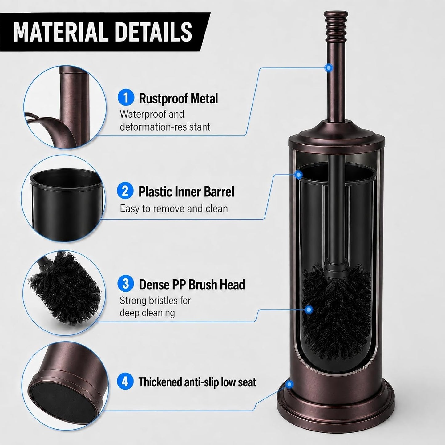 Nickel Toilet Brush and Holder Set，Extra Long Handled Toilet Bowl Brush and Holder，Stainless Steel Heavy Duty Toilet Brush for Bathroom,Deep Cleaning Modern Toilet Cleaner Slip Base