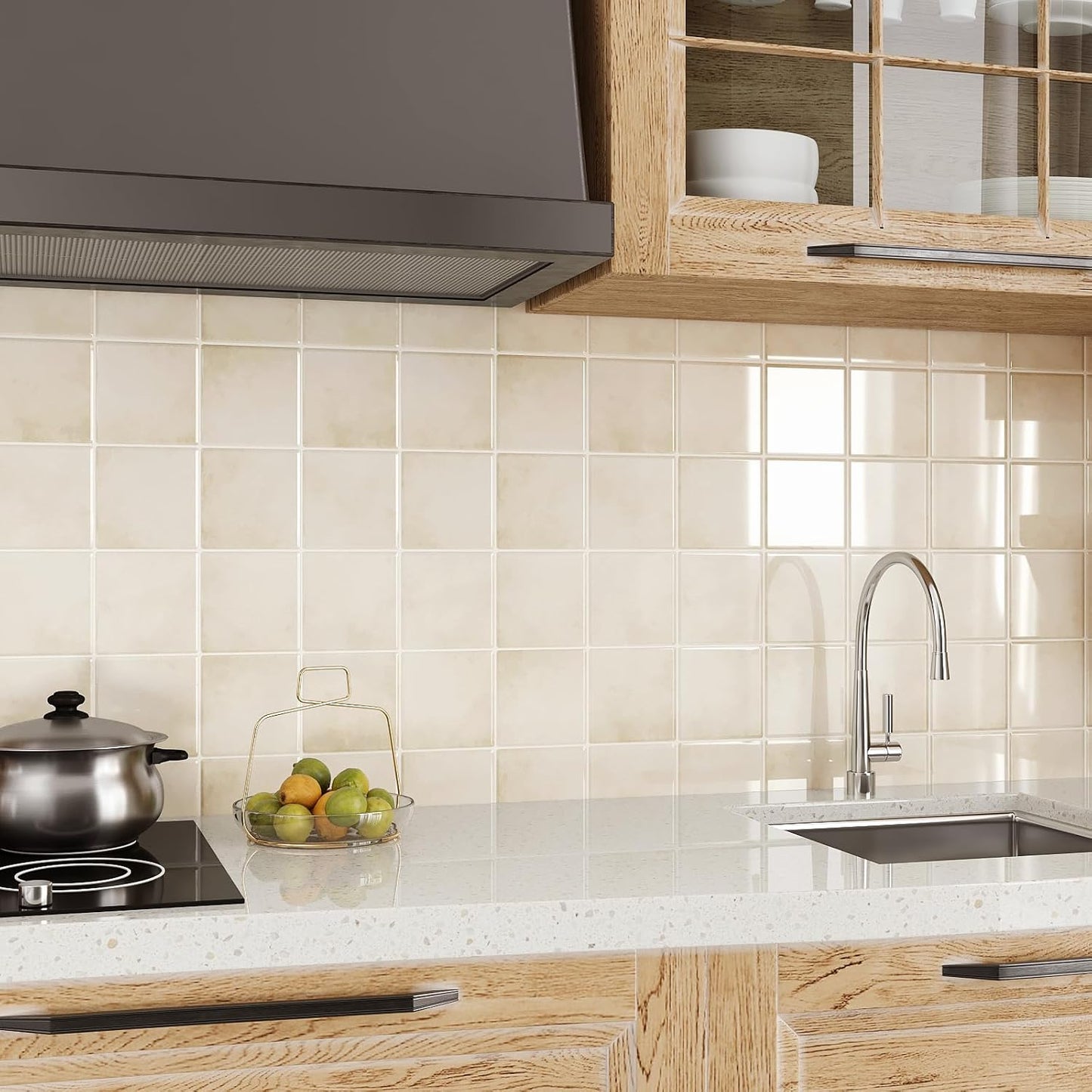VEELIKE Cream Beige Peel and Stick Backsplash for Kitchen Square Peel and Stick Tile Backsplash 6 Sheets Self Adhesive Back Splash Tiles for Bathroom Waterproof Ceramic Wall Tile Stickers 12''x12''