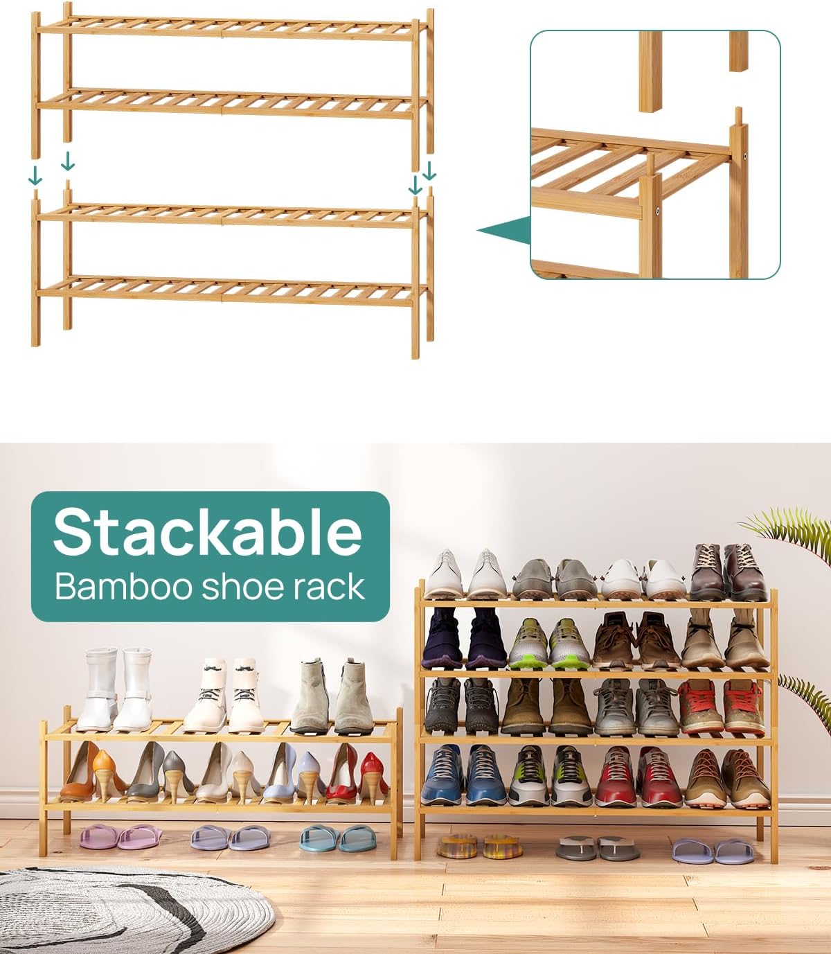 viewcare 3-Tier Black Bamboo Shoe Rack for Entryway, Stackable | Foldable | Natural, Shoe Shelf Storage Organizer for Hallway Closet, Free Standing Shoe Racks for Indoor Outdoor