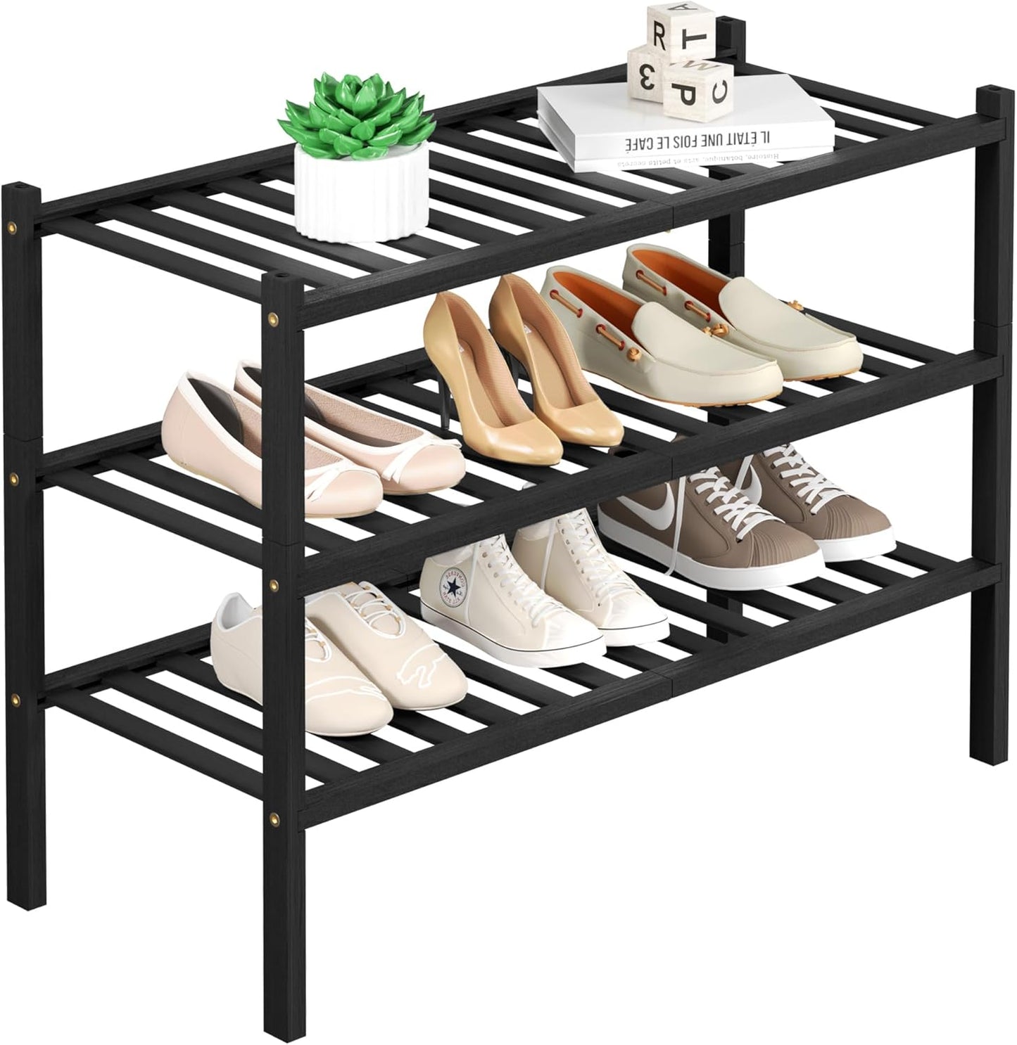 ROMGUAR CRAFT 3 Tier Bamboo Shoe Rack for Closet Free Standing Wood Shoe Shelf Storage Organizer for Entryway Small Space Stackable 27"x11"x20" (Natural)