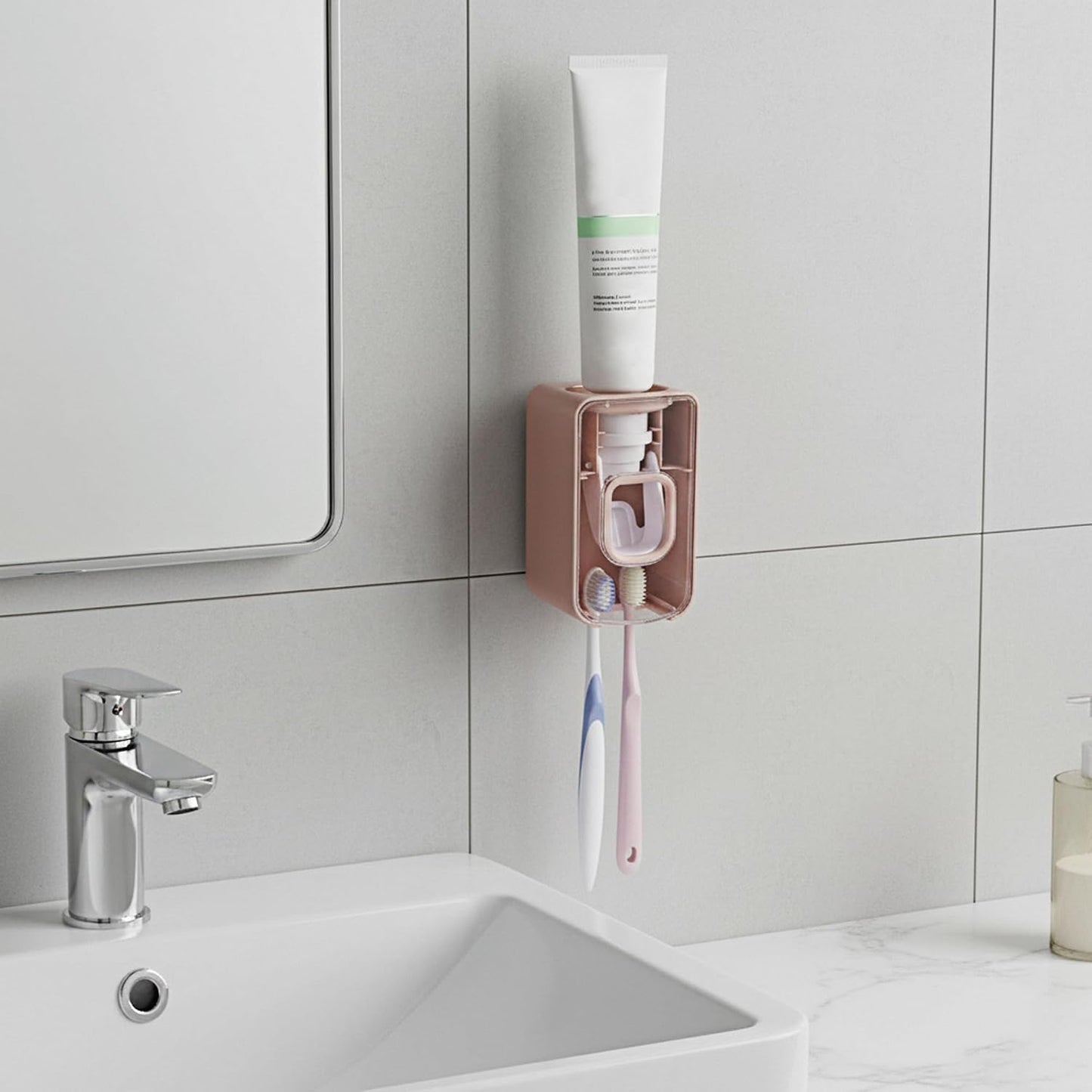 2 Slot Toothbrush Holder and Toothpaste Dispenser Wall Mounted, Automatic Toothpaste Squeezer, 2 in 1 Tooth Brush Toothpaste Organizer for Shower (Grey)