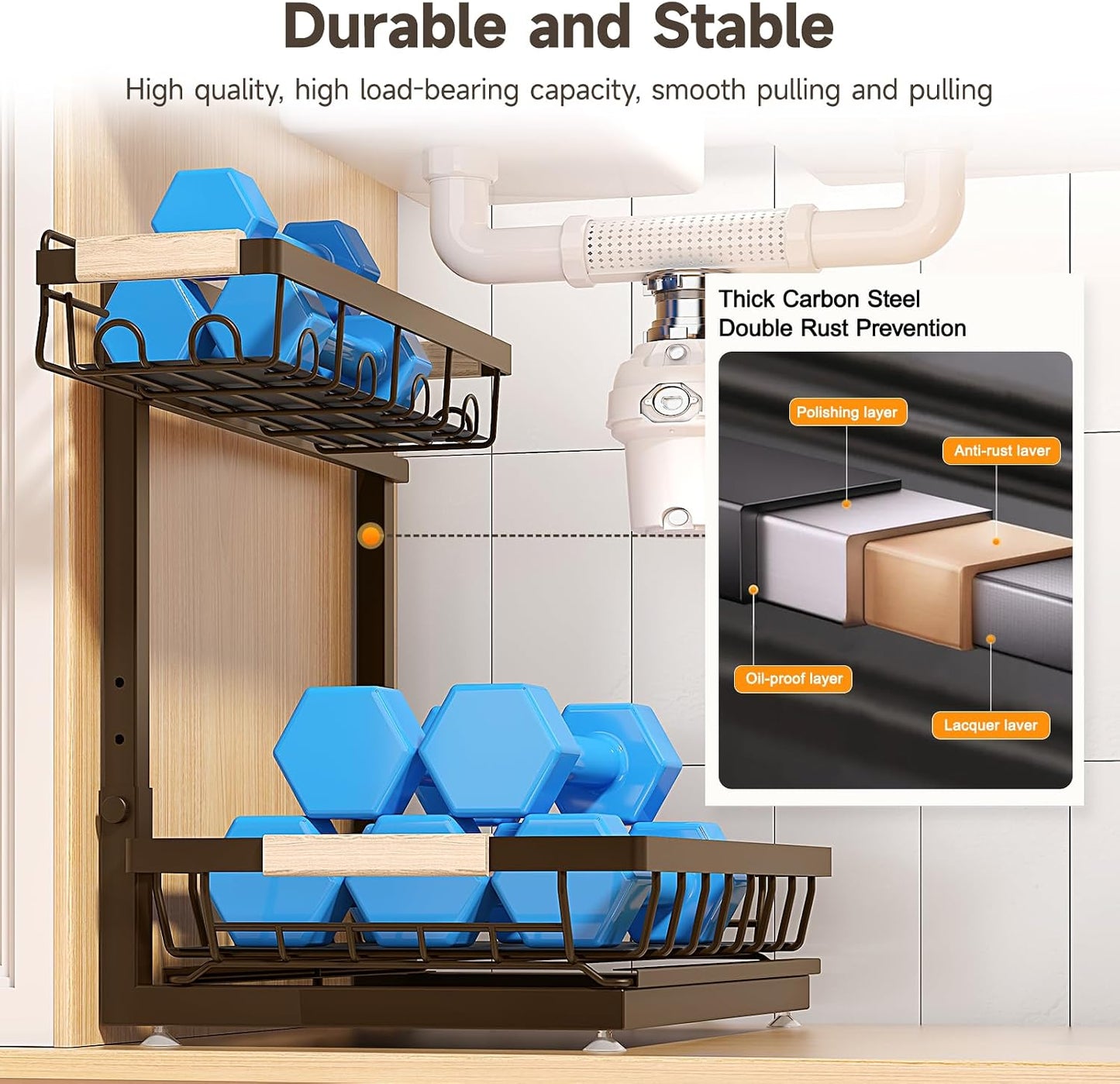 Sevenblue 2-Pack 2-Tier Height Adjustable Under Sink Organizer & Storage | Multi-purpose storage for kitchen & bathroom cabinet. Large brown shelf, height adjustable design for space-saving.