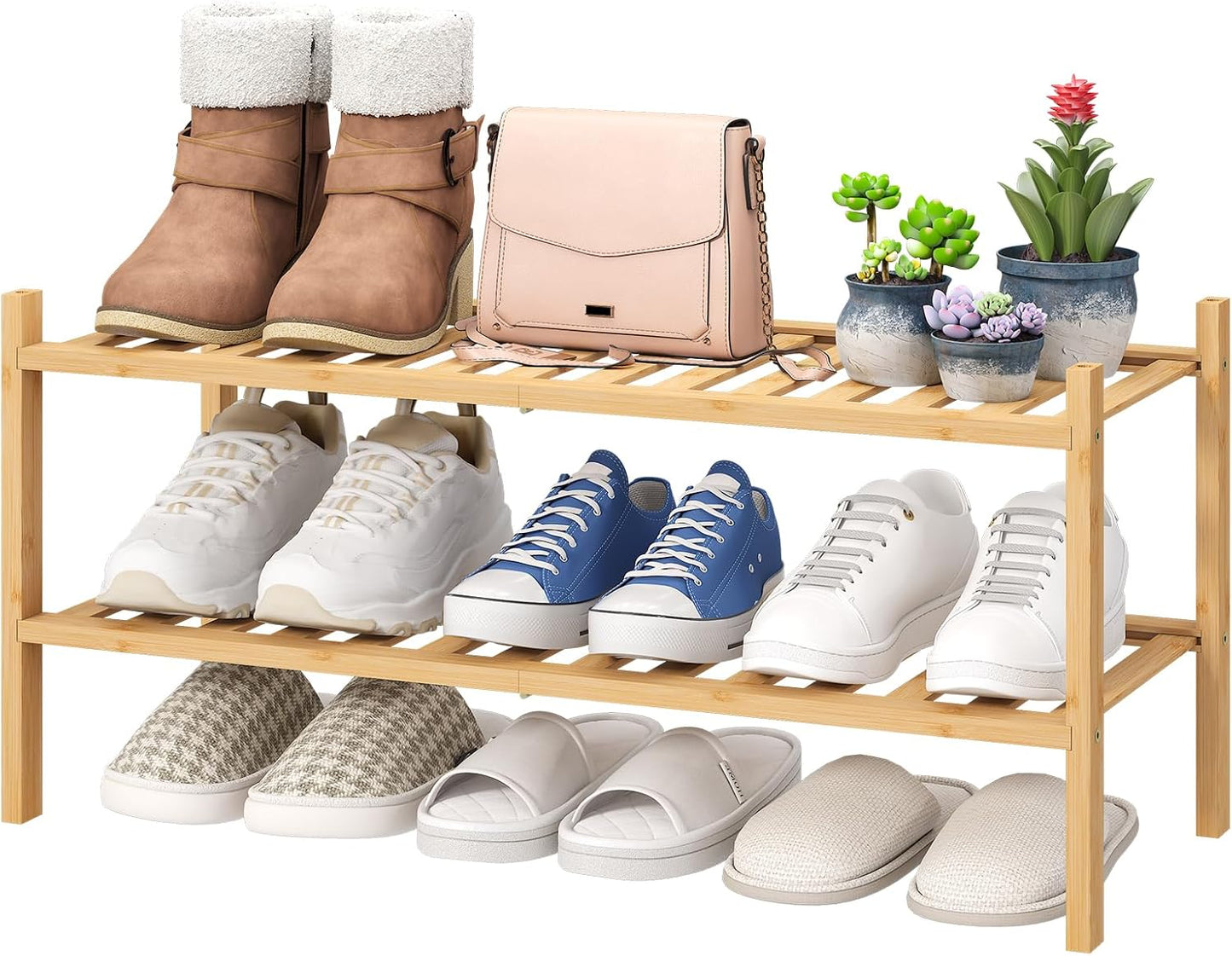 viewcare 3-Tier Black Bamboo Shoe Rack for Entryway, Stackable | Foldable | Natural, Shoe Shelf Storage Organizer for Hallway Closet, Free Standing Shoe Racks for Indoor Outdoor