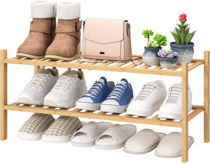 viewcare 3-Tier Black Bamboo Shoe Rack for Entryway, Stackable | Foldable | Natural, Shoe Shelf Storage Organizer for Hallway Closet, Free Standing Shoe Racks for Indoor Outdoor