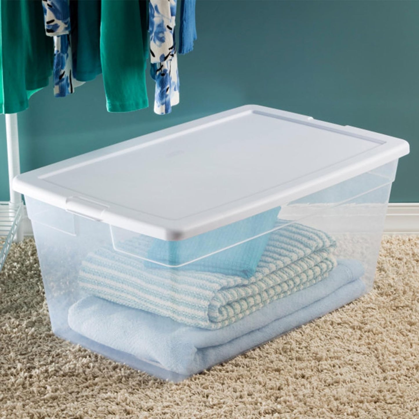 Sterilite 6 Pack Storage Box, 41 Quart Stackable Tote, Clear Plastic Container with Secure Snapping White Lids for Home and Office Organization