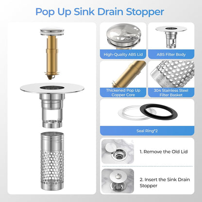 2 Pack Pop Up Bathroom Sink Drain Stoppers, Removable Sink Drain Strainer Stopper Hair Catcher with Stainless Steel Anti-Clog Filter Basket for Sinks and Drains 1.06-1.5 Inch
